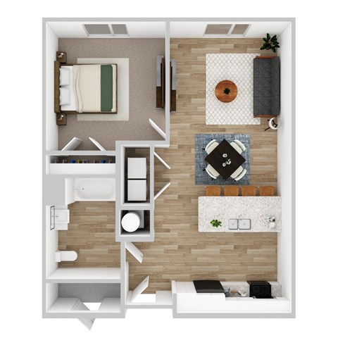 A top-down view of a small apartment with a bed, a couch, a table, and a kitchenette.